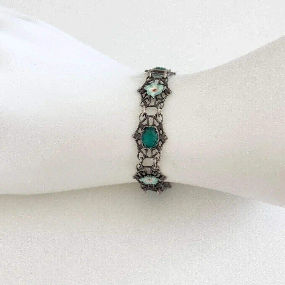 Antique Vintage Sterling Silver Enamel Flowers Emerald Green Glass Bracelet 6.5